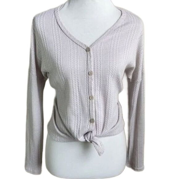 Paper Crane Pale Pink/Cream Waffle Knit Button Down Tie Up Top (Medium) - Picture 2 of 10